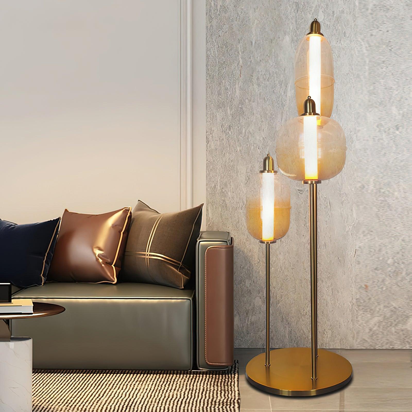Modern Hand Blown Glass LED Floor Standing Lamp with Gold Metal Frame for Living Room Reading