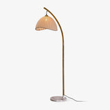 Sanna Curved Bamboo Floor Lamp with Marble Base and Beige Linen Shade for Modern Living Rooms