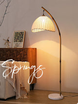 Sanna Curved Bamboo Floor Lamp with Marble Base and Beige Linen Shade for Modern Living Rooms