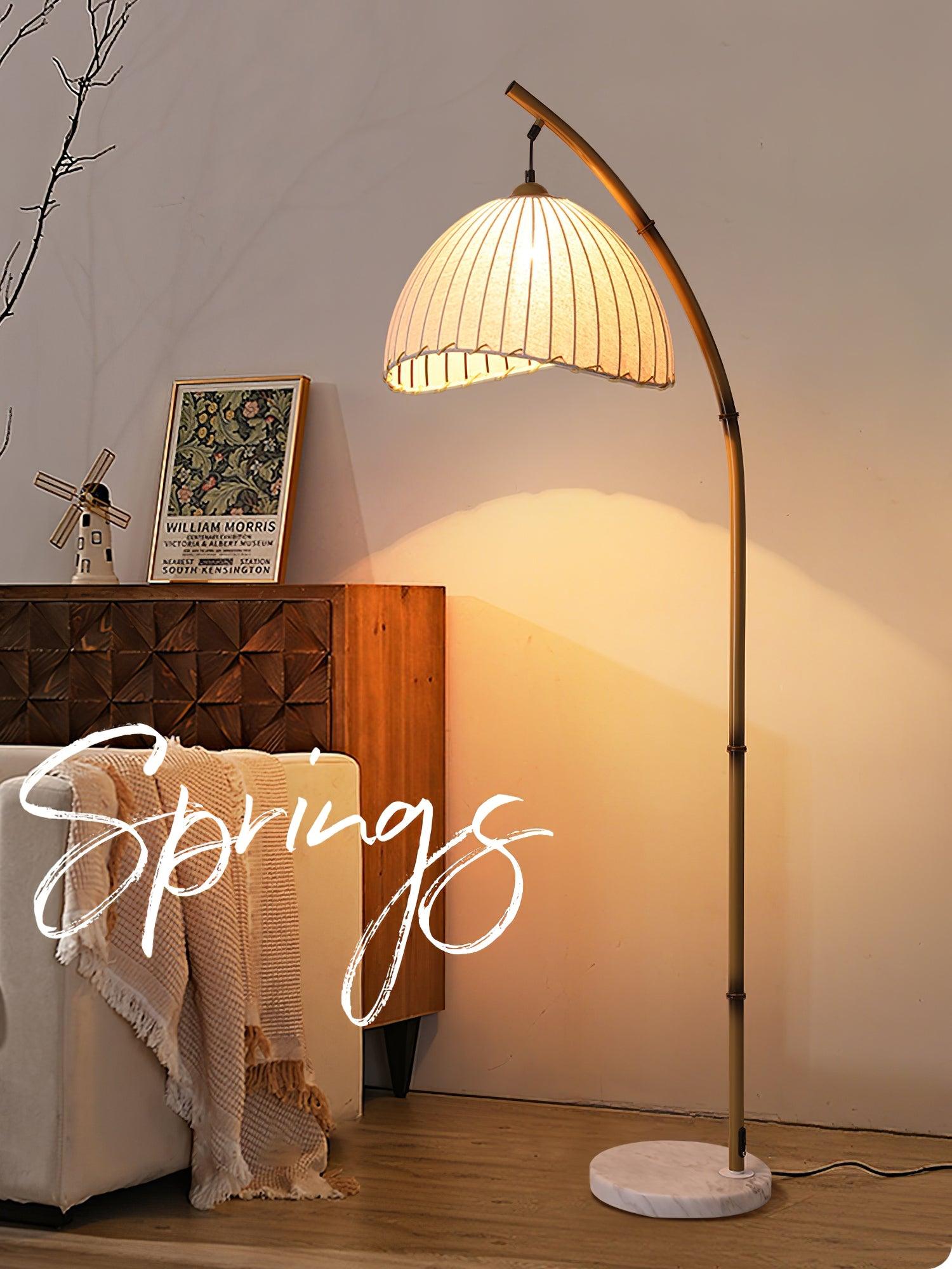 Sanna Curved Bamboo Floor Lamp with Marble Base and Beige Linen Shade for Modern Living Rooms
