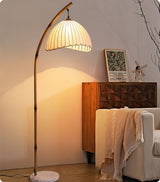 Sanna Curved Bamboo Floor Lamp with Marble Base and Beige Linen Shade for Modern Living Rooms