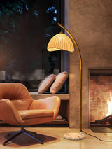 Sanna Curved Bamboo Floor Lamp with Marble Base and Beige Linen Shade for Modern Living Rooms