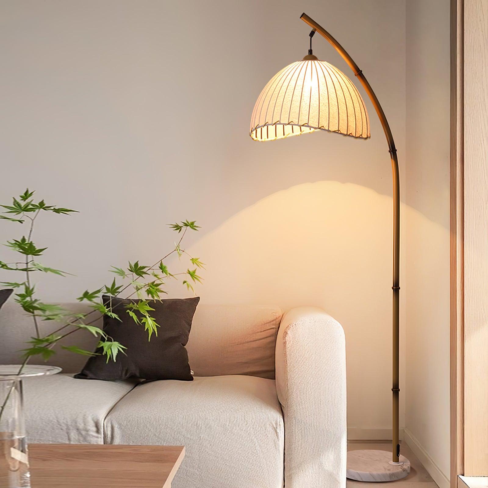 Sanna Curved Bamboo Floor Lamp with Marble Base and Beige Linen Shade for Modern Living Rooms