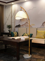 Sanna Curved Bamboo Floor Lamp with Marble Base and Beige Linen Shade for Modern Living Rooms