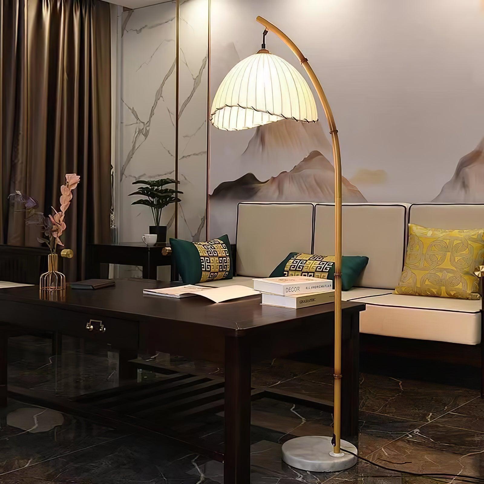 Sanna Curved Bamboo Floor Lamp with Marble Base and Beige Linen Shade for Modern Living Rooms