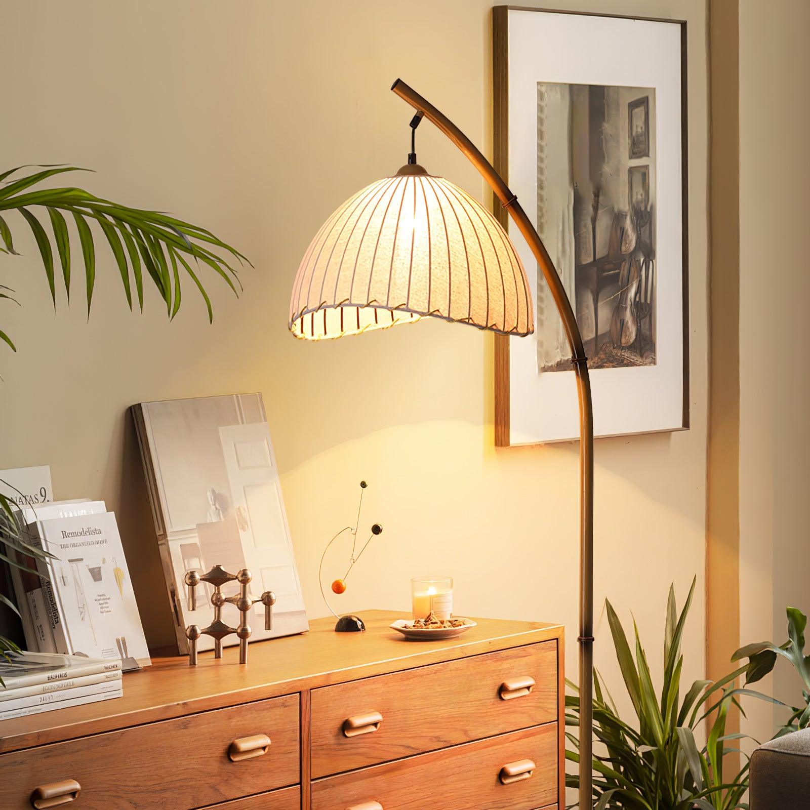 Sanna Curved Bamboo Floor Lamp with Marble Base and Beige Linen Shade for Modern Living Rooms