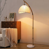Sanna Curved Bamboo Floor Lamp with Marble Base and Beige Linen Shade for Modern Living Rooms