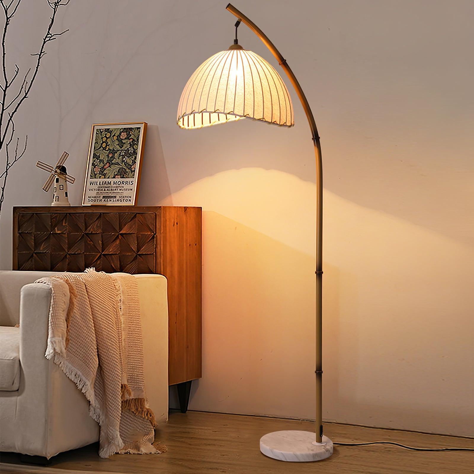 Sanna Curved Bamboo Floor Lamp with Marble Base and Beige Linen Shade for Modern Living Rooms