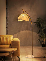 Sanna Curved Bamboo Floor Lamp with Marble Base and Beige Linen Shade for Modern Living Rooms