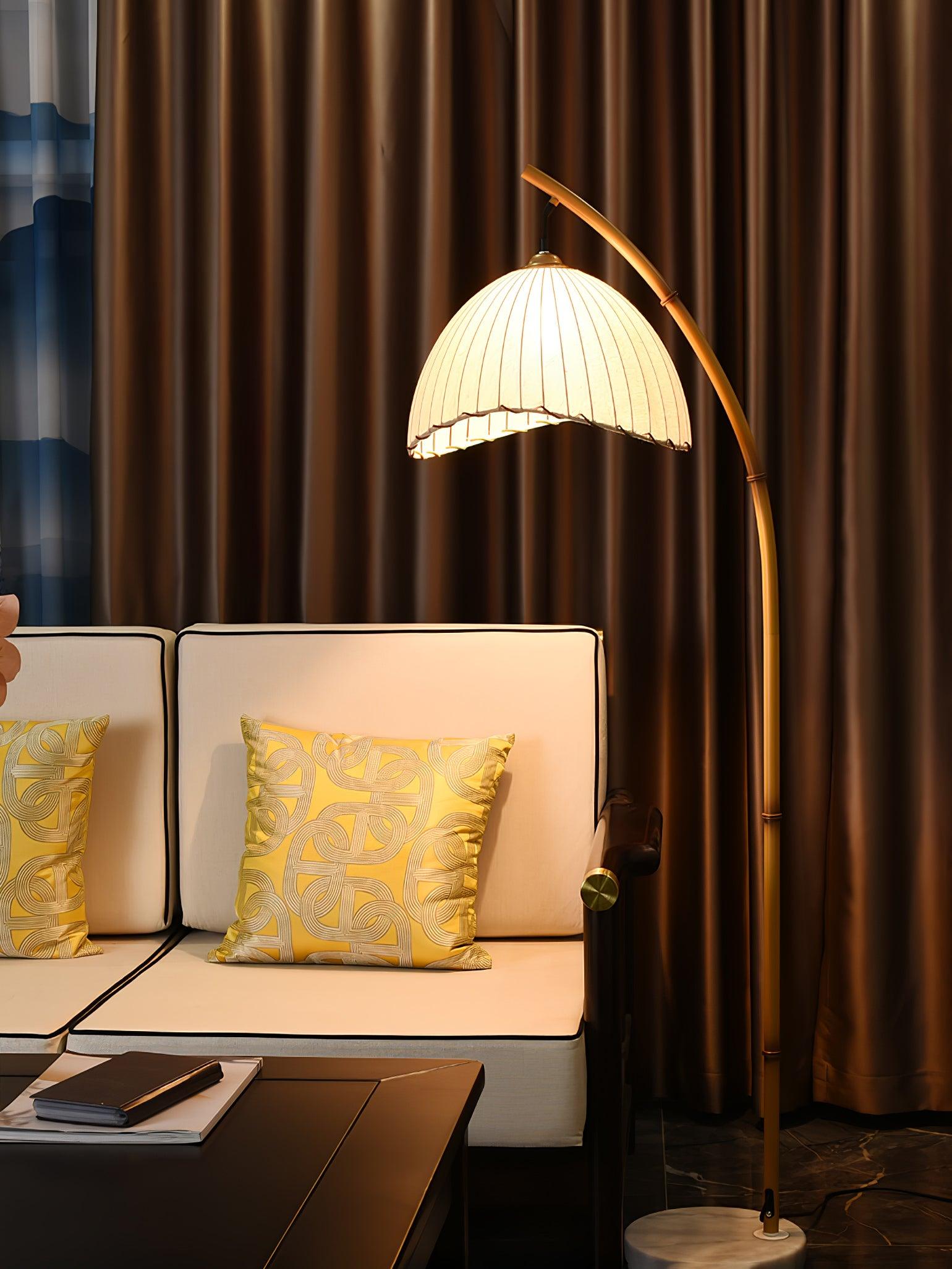 Sanna Curved Bamboo Floor Lamp with Marble Base and Beige Linen Shade for Modern Living Rooms