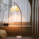 Sanna Curved Bamboo Floor Lamp with Marble Base and Beige Linen Shade for Modern Living Rooms