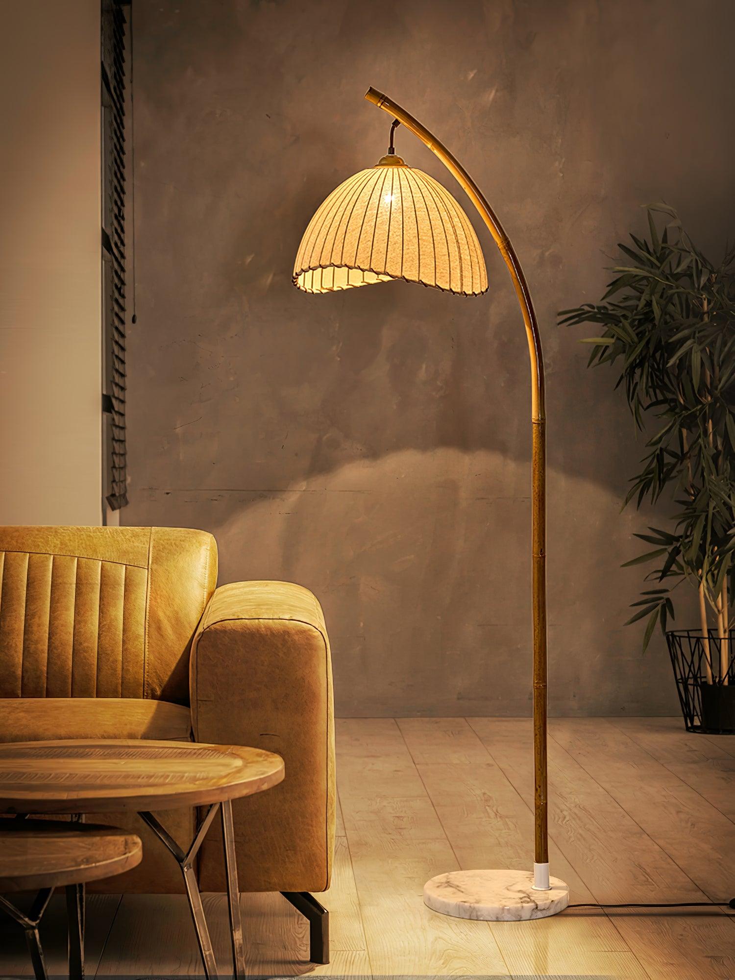 Sanna Curved Bamboo Floor Lamp with Marble Base and Beige Linen Shade for Modern Living Rooms