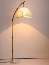 Sanna Curved Bamboo Floor Lamp with Marble Base and Beige Linen Shade for Modern Living Rooms