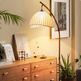 Sanna Curved Bamboo Floor Lamp with Marble Base and Beige Linen Shade for Modern Living Rooms