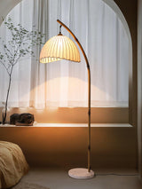 Sanna Curved Bamboo Floor Lamp with Marble Base and Beige Linen Shade for Modern Living Rooms