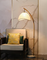 Sanna Curved Bamboo Floor Lamp with Marble Base and Beige Linen Shade for Modern Living Rooms