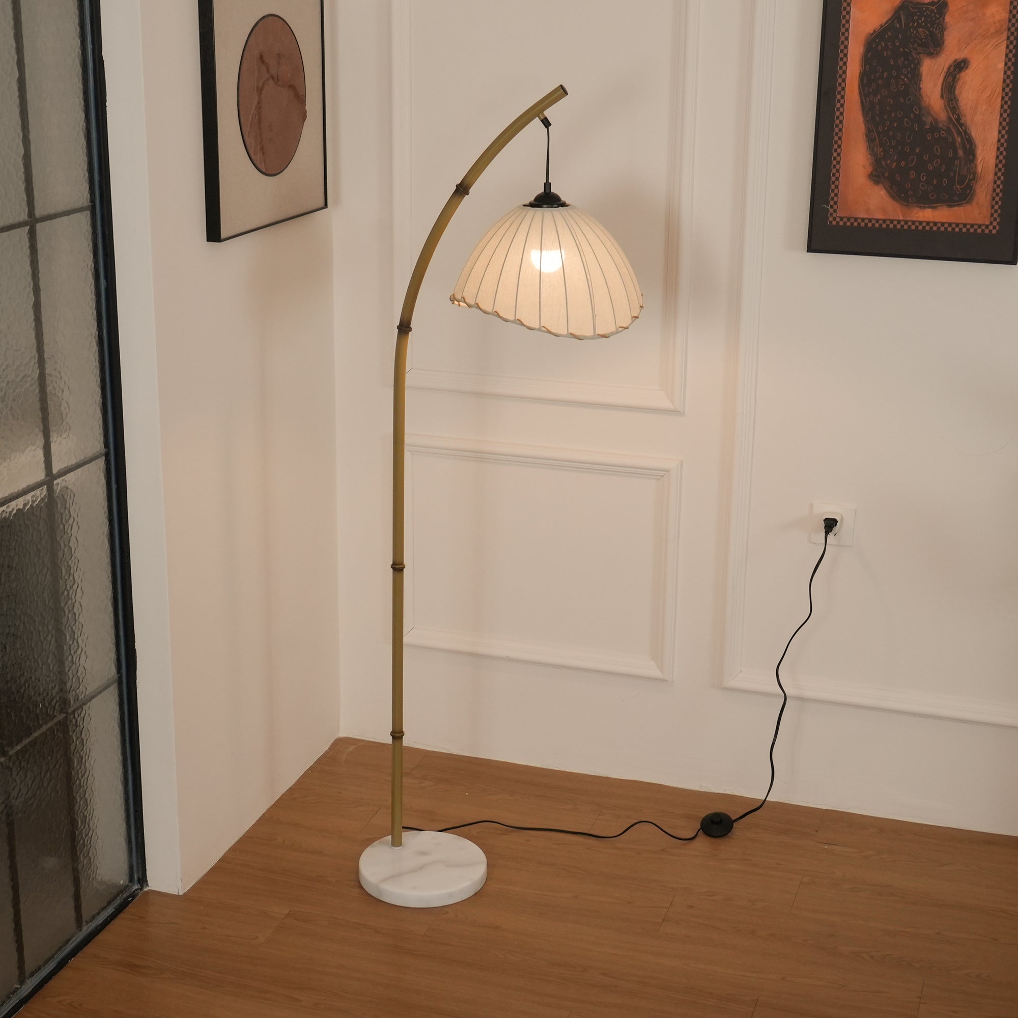 Sanna Curved Bamboo Floor Lamp with Marble Base and Beige Linen Shade for Modern Living Rooms