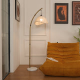 Sanna Curved Bamboo Floor Lamp with Marble Base and Beige Linen Shade for Modern Living Rooms