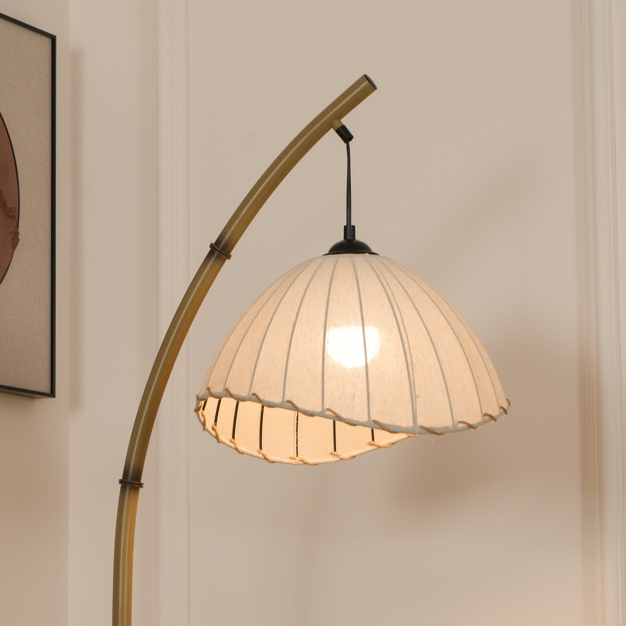 Sanna Curved Bamboo Floor Lamp with Marble Base and Beige Linen Shade for Modern Living Rooms