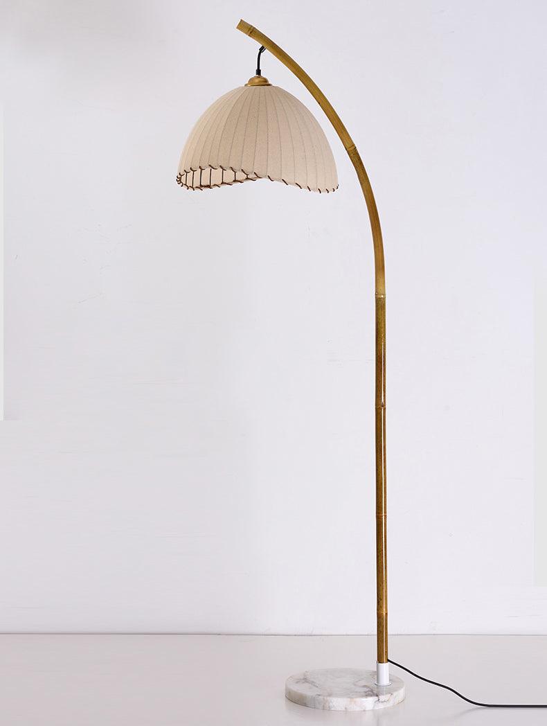 Sanna Curved Bamboo Floor Lamp with Marble Base and Beige Linen Shade for Modern Living Rooms