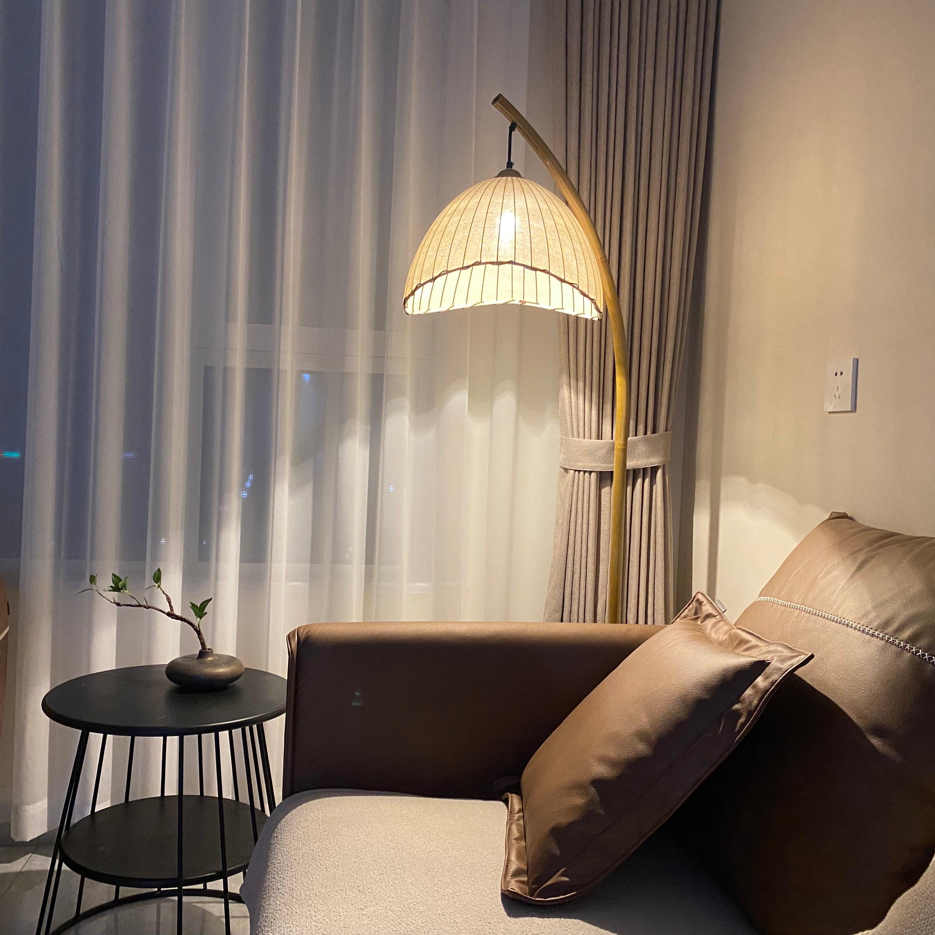 Sanna Curved Bamboo Floor Lamp with Marble Base and Beige Linen Shade for Modern Living Rooms