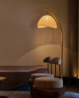 Sanna Curved Bamboo Floor Lamp with Marble Base and Beige Linen Shade for Modern Living Rooms
