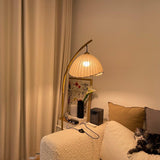 Sanna Curved Bamboo Floor Lamp with Marble Base and Beige Linen Shade for Modern Living Rooms