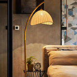 Sanna Curved Bamboo Floor Lamp with Marble Base and Beige Linen Shade for Modern Living Rooms
