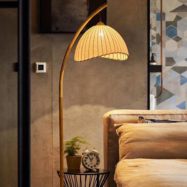 Sanna Curved Bamboo Floor Lamp with Marble Base and Beige Linen Shade for Modern Living Rooms