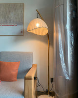 Sanna Curved Bamboo Floor Lamp with Marble Base and Beige Linen Shade for Modern Living Rooms