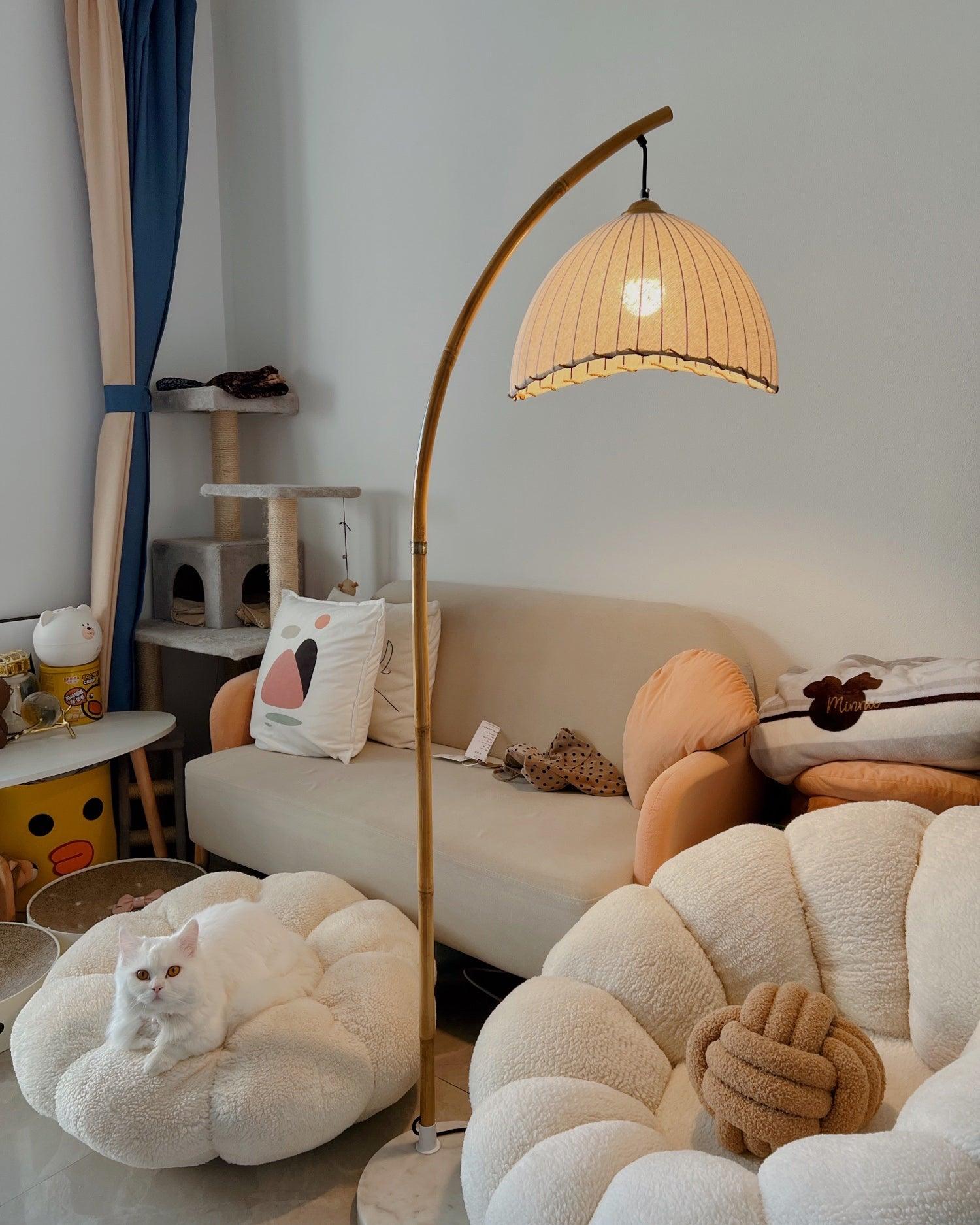 Sanna Curved Bamboo Floor Lamp with Marble Base and Beige Linen Shade for Modern Living Rooms