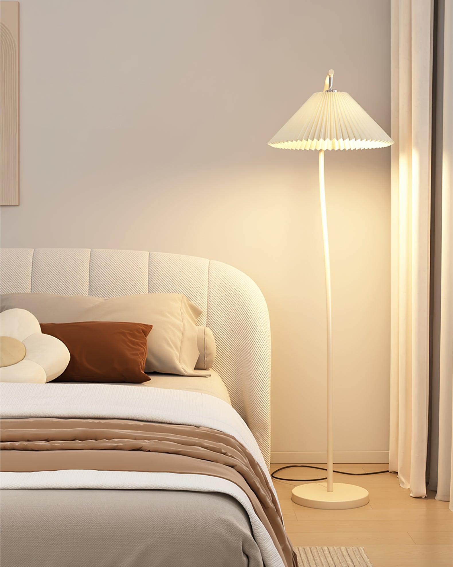 modern-arched-standing-floor-lamp-with-pleated-fabric-shade-in-cream-finish