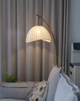 Sanna Curved Bamboo Floor Lamp with Marble Base and Beige Linen Shade for Modern Living Rooms