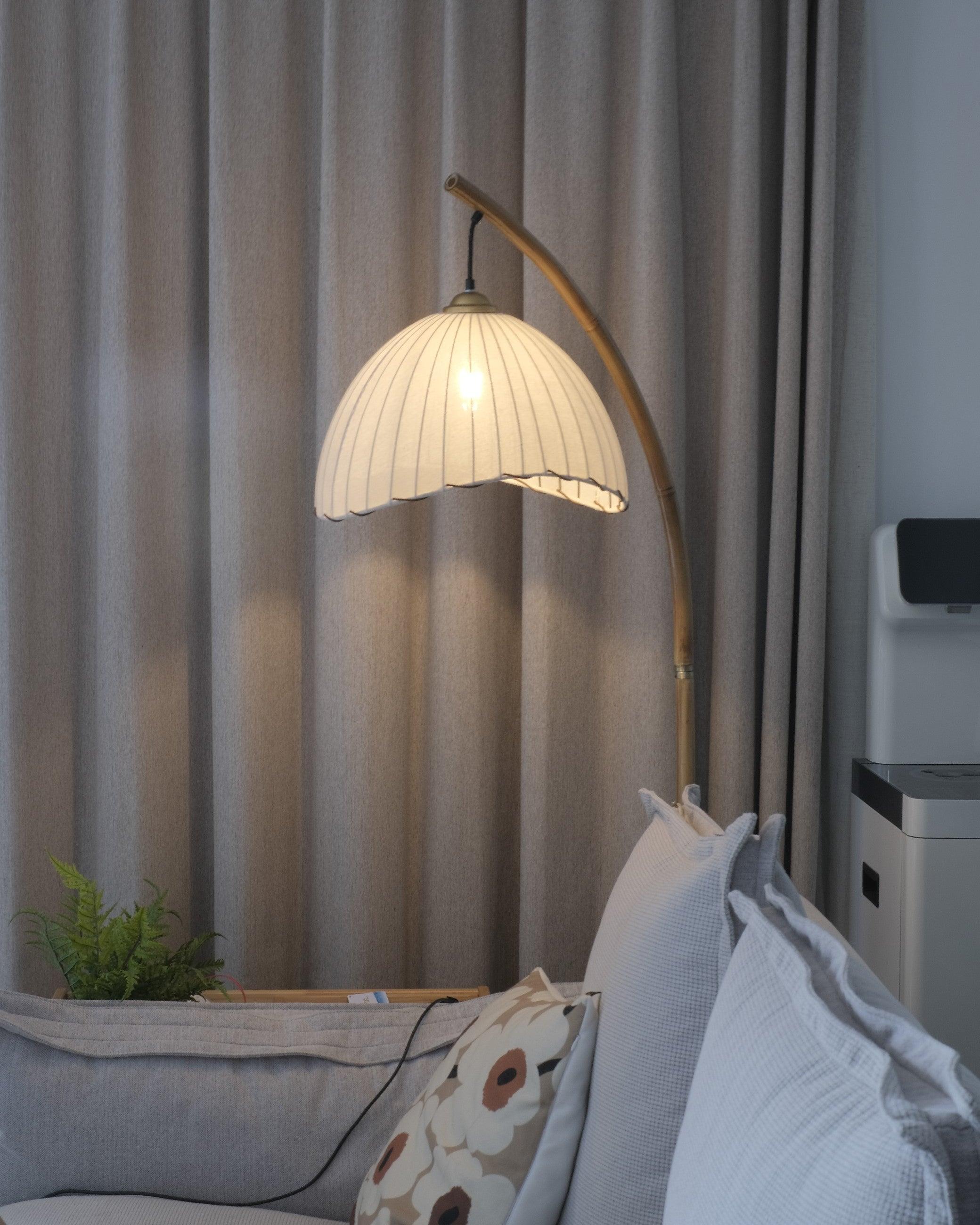 Sanna Curved Bamboo Floor Lamp with Marble Base and Beige Linen Shade for Modern Living Rooms