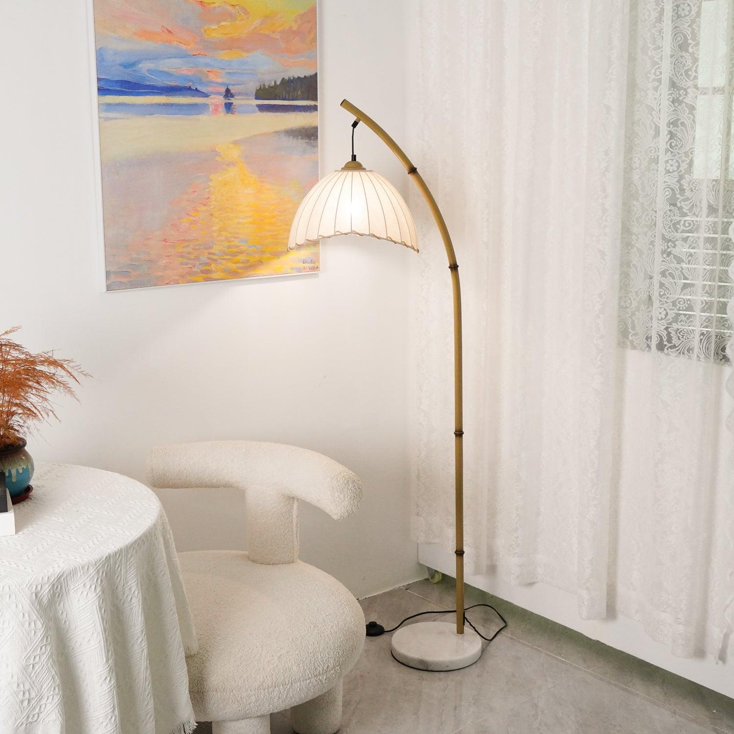 Sanna Curved Bamboo Floor Lamp with Marble Base and Beige Linen Shade for Modern Living Rooms
