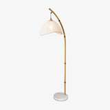 Sanna Curved Bamboo Floor Lamp with Marble Base and Beige Linen Shade for Modern Living Rooms