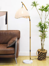 Sanna Curved Bamboo Floor Lamp with Marble Base and Beige Linen Shade for Modern Living Rooms