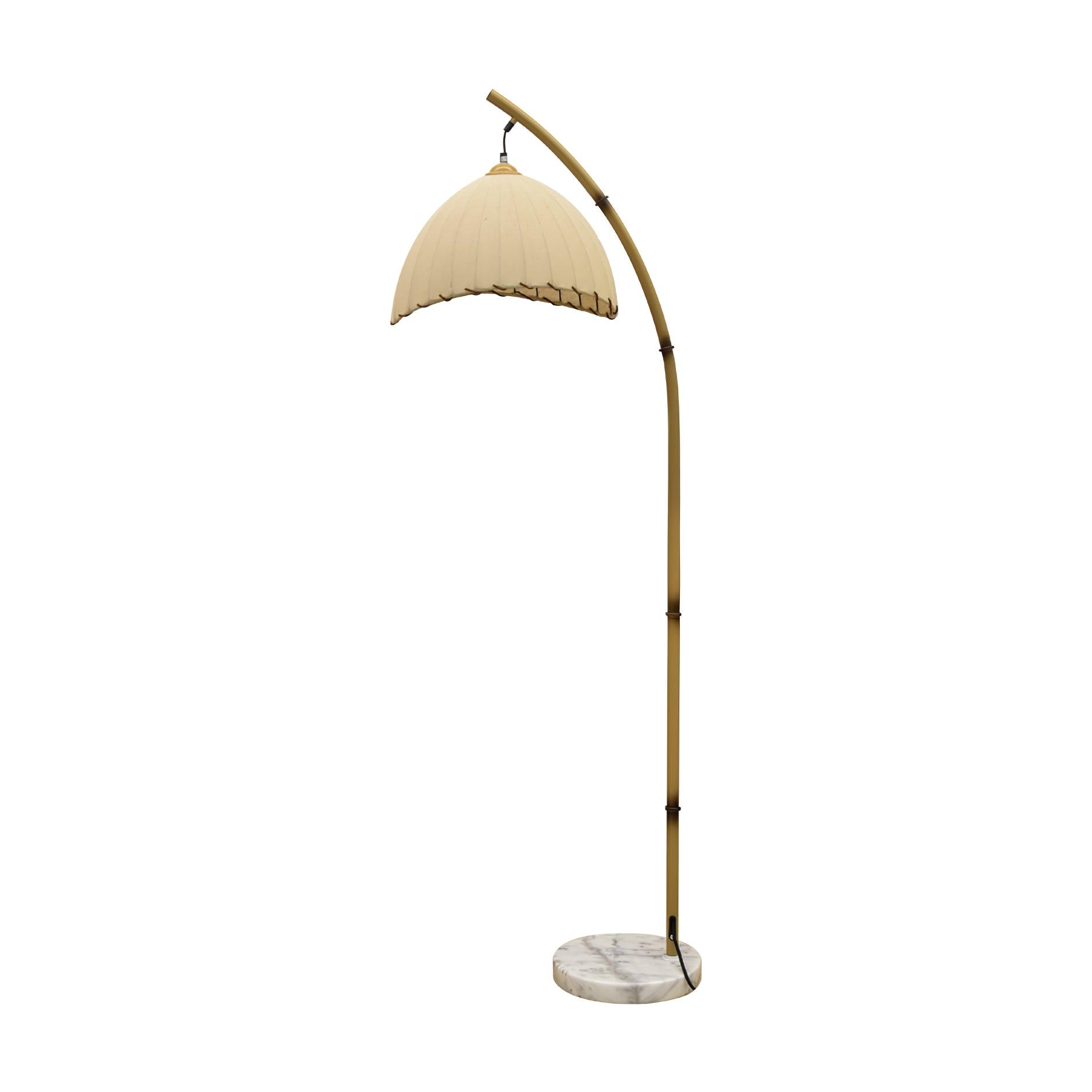 Sanna Curved Bamboo Floor Lamp with Marble Base and Beige Linen Shade for Modern Living Rooms