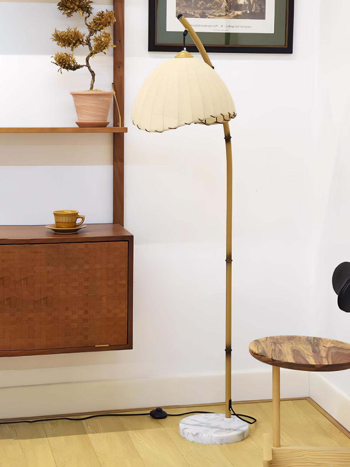 Sanna Curved Bamboo Floor Lamp with Marble Base and Beige Linen Shade for Modern Living Rooms