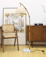 Sanna Curved Bamboo Floor Lamp with Marble Base and Beige Linen Shade for Modern Living Rooms