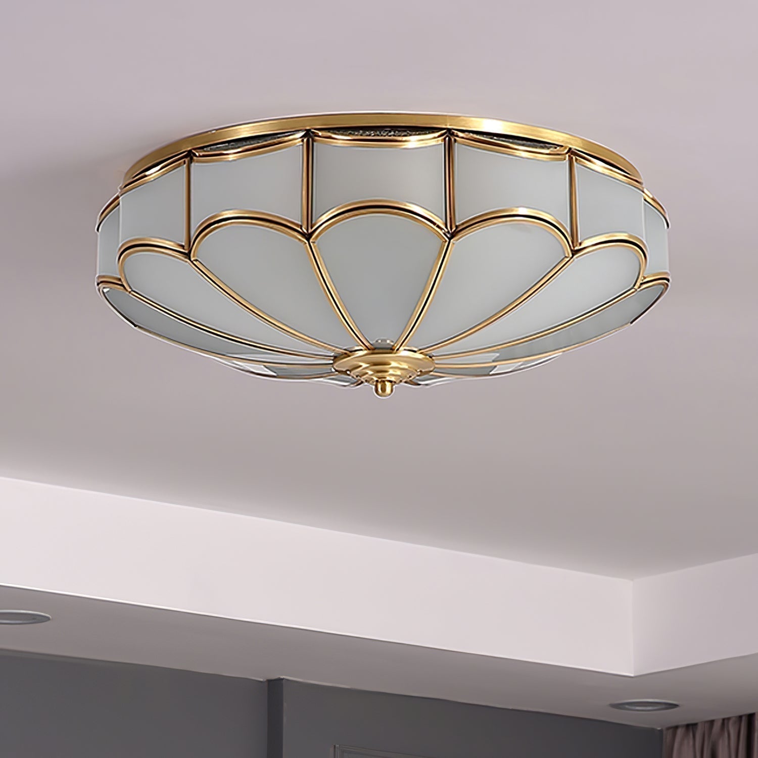 Modern Scalloped Brass Flush Mount Ceiling Light with White Glass Shade