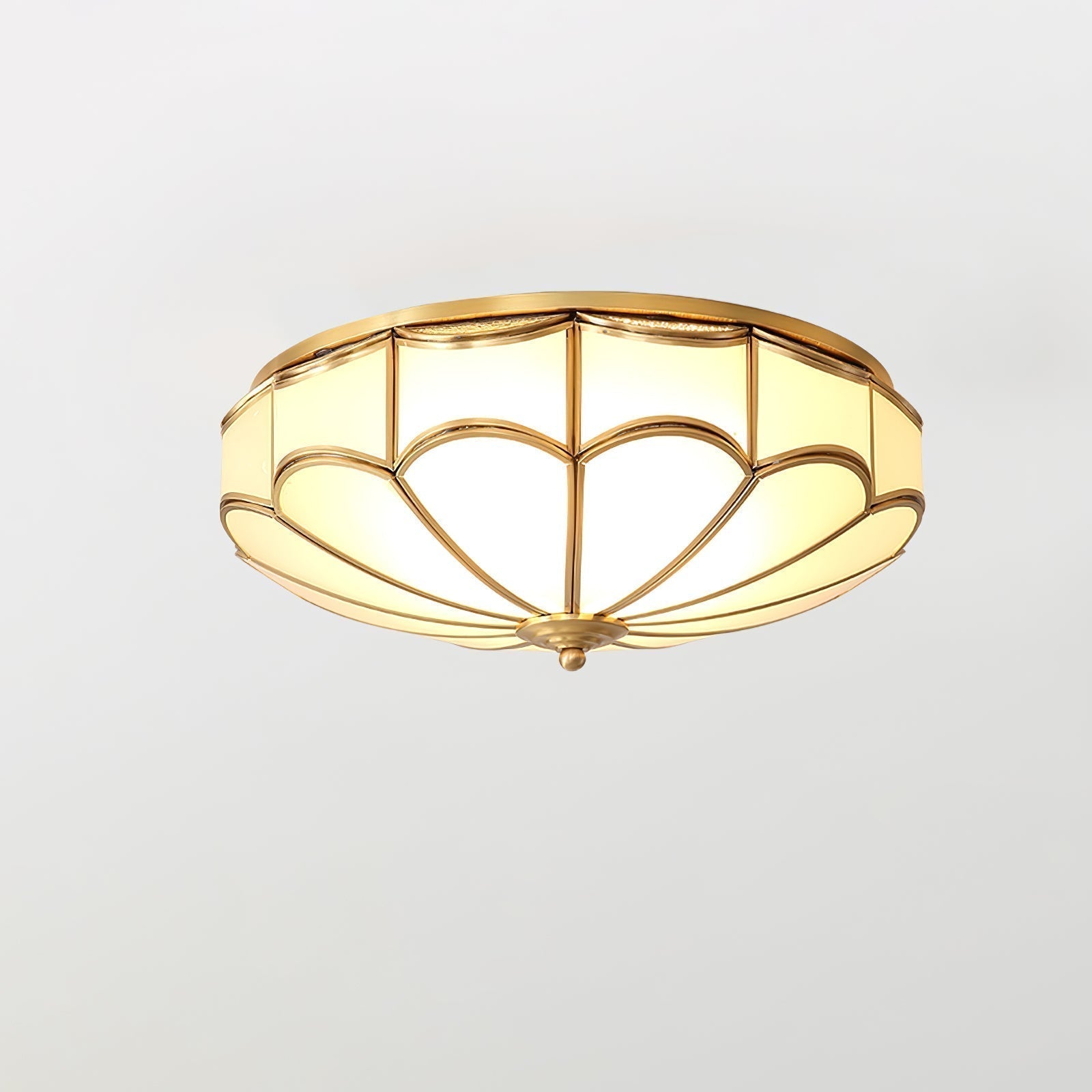 Modern Scalloped Brass Flush Mount Ceiling Light with White Glass Shade