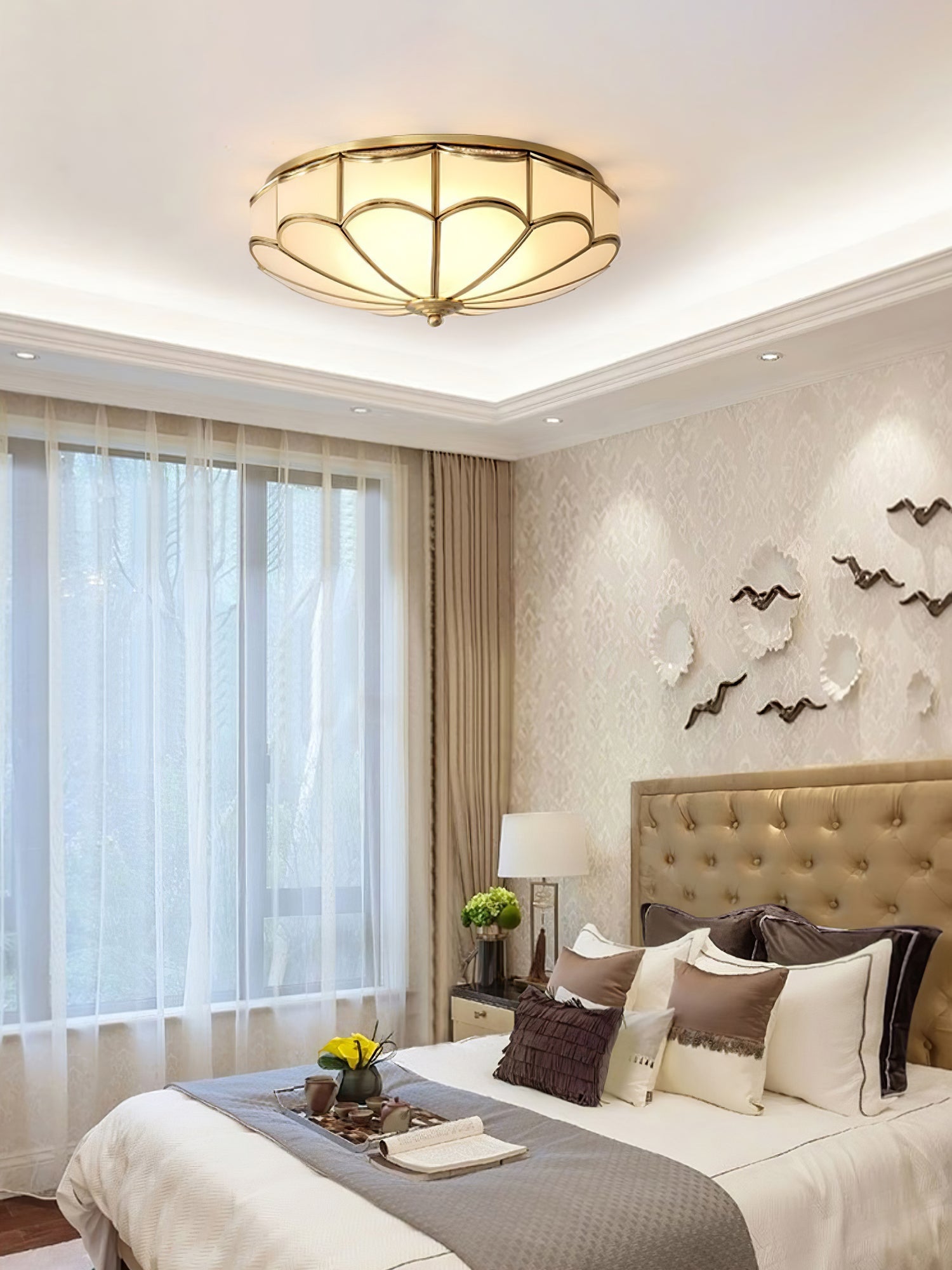 Modern Scalloped Brass Flush Mount Ceiling Light with White Glass Shade