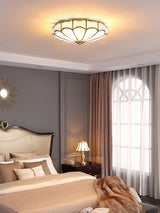 Modern Scalloped Brass Flush Mount Ceiling Light with White Glass Shade