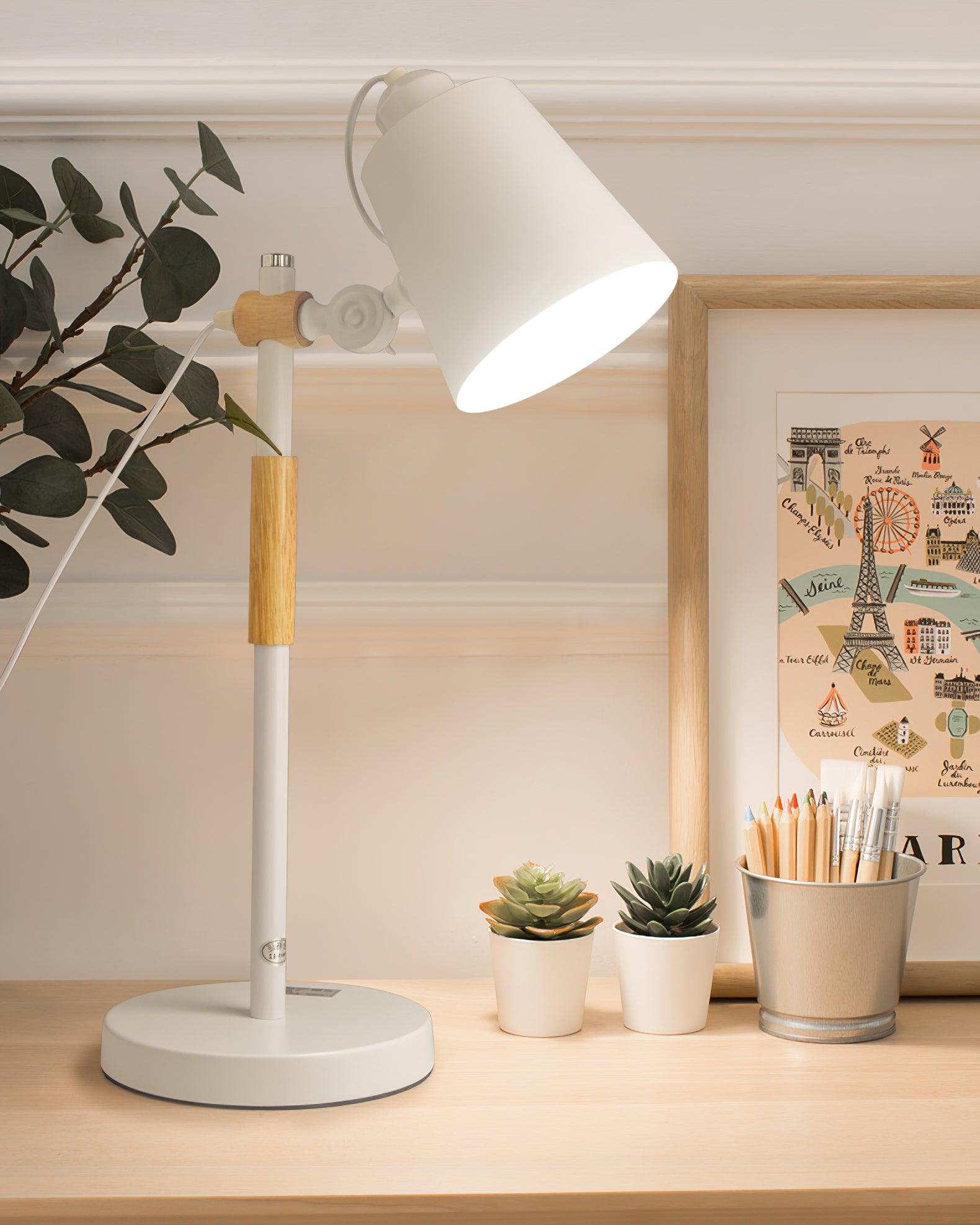 Modern Minimalist Wood and Metal Task Lamp Adjustable Rotating Office Desk Light