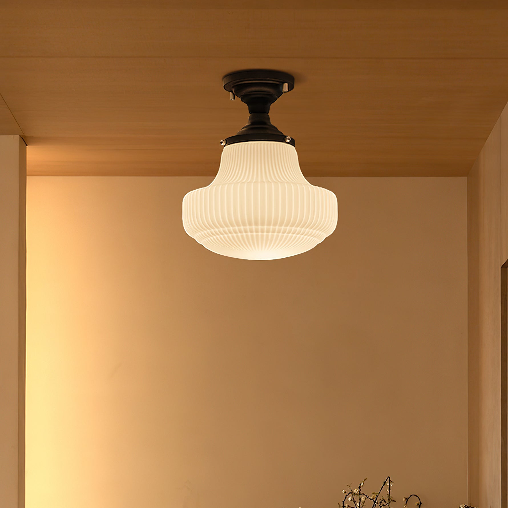 Modern Ribbed Glass Schoolhouse Flush Mount Ceiling Light for Kitchen and Entryway