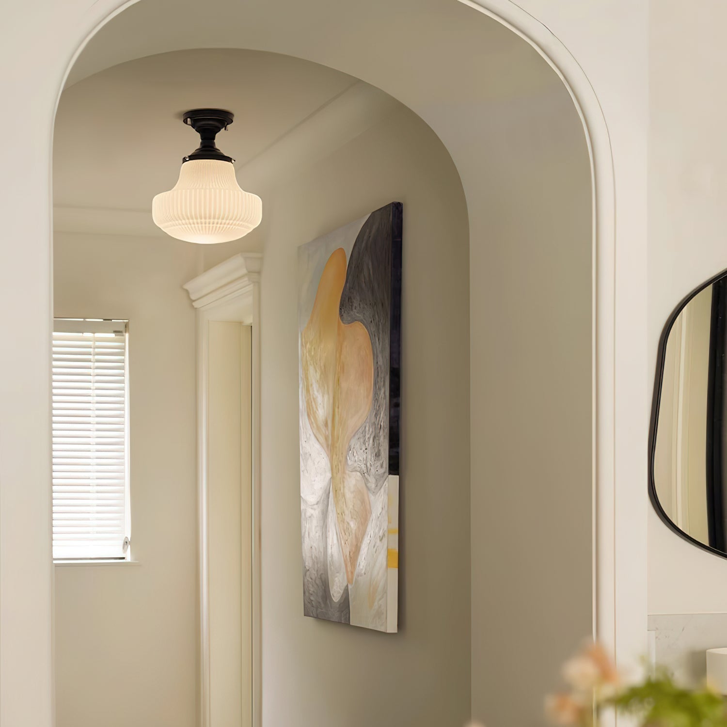 Modern Ribbed Glass Schoolhouse Flush Mount Ceiling Light for Kitchen and Entryway