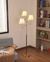 Modern Triple Shade Serenade Floor Lamp with Walnut Wood and Gold Iron Base
