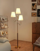 Modern Triple Shade Serenade Floor Lamp with Walnut Wood and Gold Iron Base