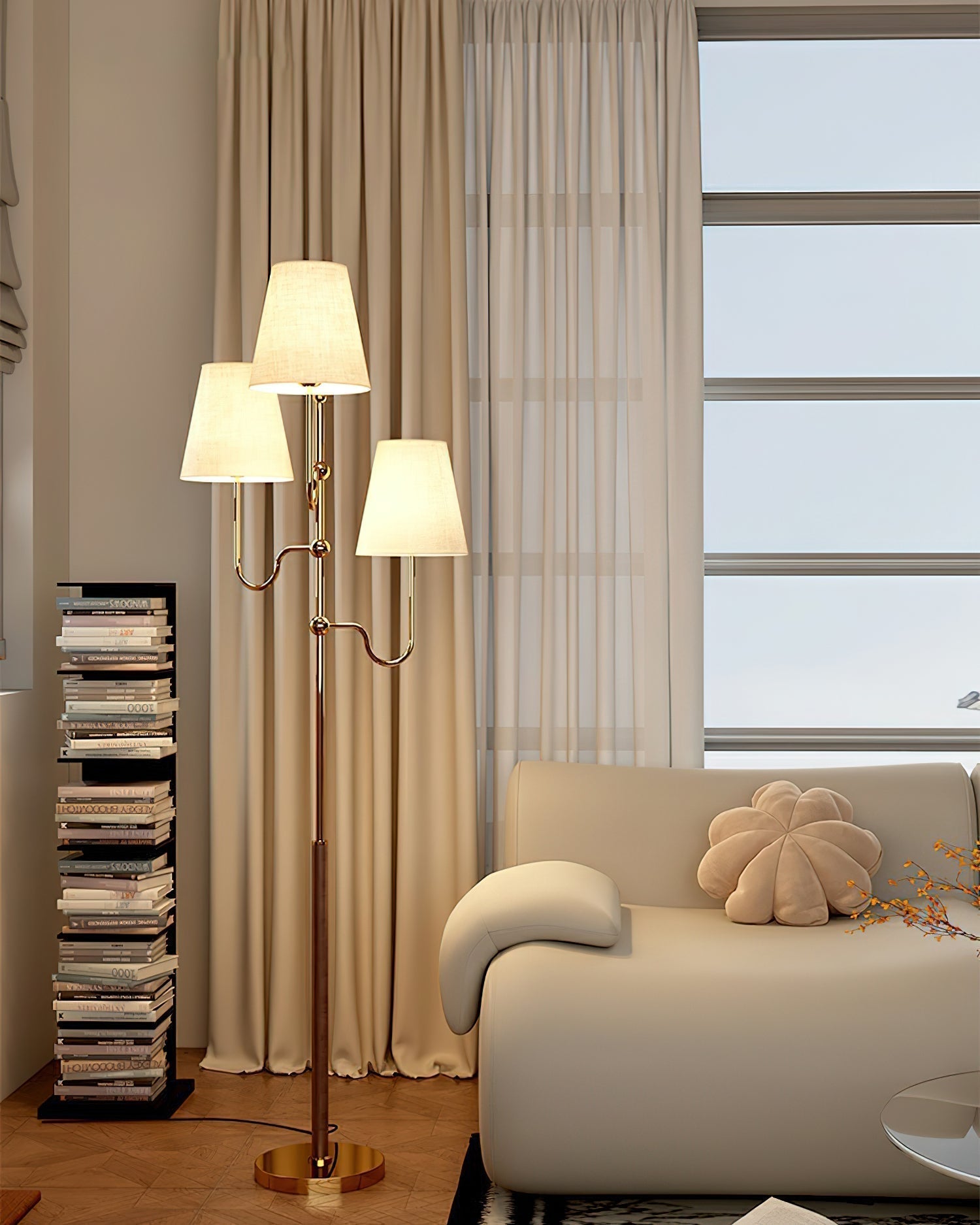 Modern Triple Shade Serenade Floor Lamp with Walnut Wood and Gold Iron Base